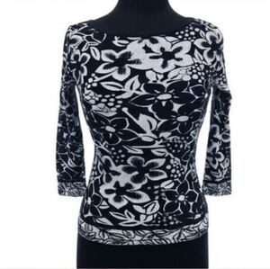 Y2K Charlotte Tarantola M Retro 3/4 Sleeve Black and White Knit Top Floral Chic